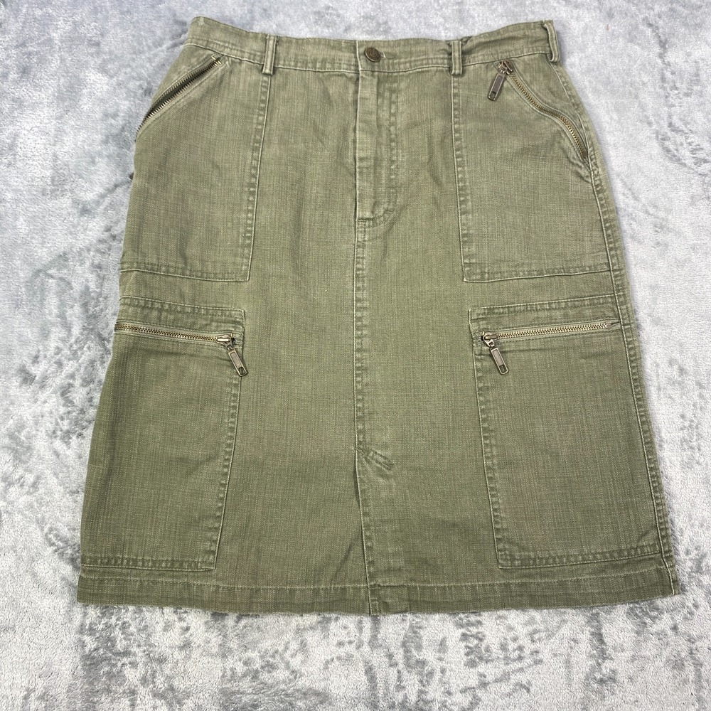 Gloria Vanderbilt Denim Skirt Size 6 Green Zip Pockets Cargo Pleated Mini